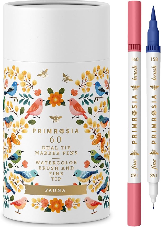 Primrosia Fauna - 60 Dual Tip Watercolor Brush and Fine Tip Pens. Marker Pens for Art Sketching Illustration Calligraphy Permanent Highlighter Bullet Journal Drawing Adult Coloring