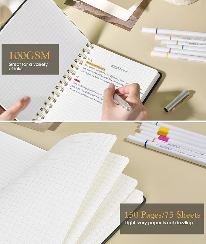 Graph Spiral Journal Notebook, A5 Hardcover Spiral Journals for Women Men, 100 GSM Graph Paper Notebooks, 150 Pages Spiral Bound Grid Notebook for Writing Note Taking Work 5.75" x 8.38" Black