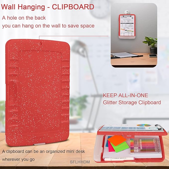 Glitter Clipboard with Storage,Storage Clipboard with Pen Holder,A4 Binder Clip Boards 8.5x11 with Low Profile Clip,Side Opening Sparkle Clipboards, Clipboards Folder for Office Supplies-Red