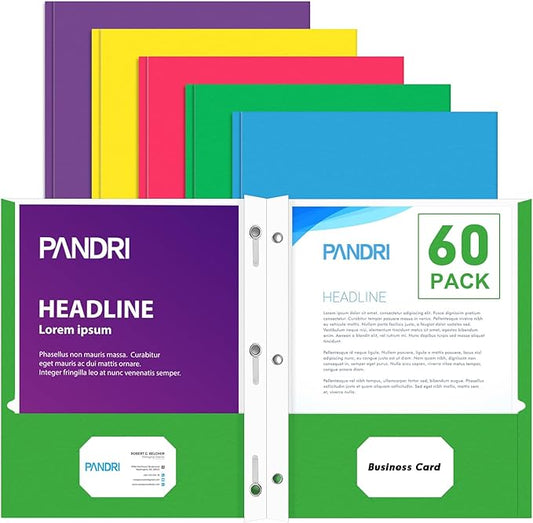 Two Pocket Folders, PANDRI 60 Pack Two Pocket Folders with Prongs, 2 Pocket 3 Prong Folders Designed for Office and Classroom, Letter Size, Assorted 5 Colors