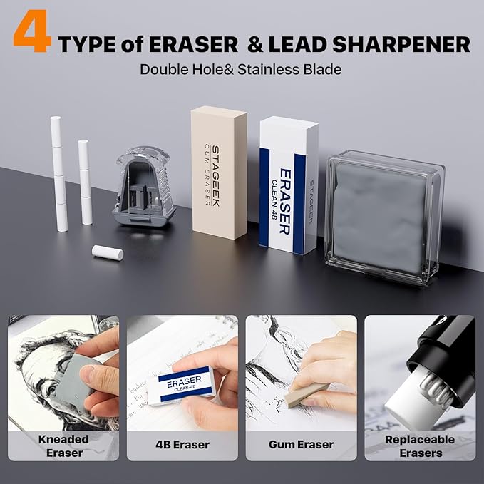 35PCS Black Art Mechanical Pencil Set in Case，0.5 0.7 0.9 2.0 Graphite Metal Drawing Drafting Pencils, Sharpener Erasers 384PCS Lead Refills (6B 4B 2B HB 2H 4H Colors) for Writing Sketching