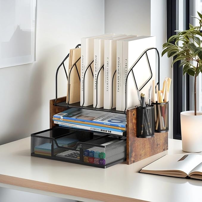 Wood Desk Organizer - 2-Tier Desktop File Organizer with Drawer with Vertical File Holder, Wooden Paper Tray, Office Desk Organzier and Accessories for Papers, Mail, Notebooks, Stationery