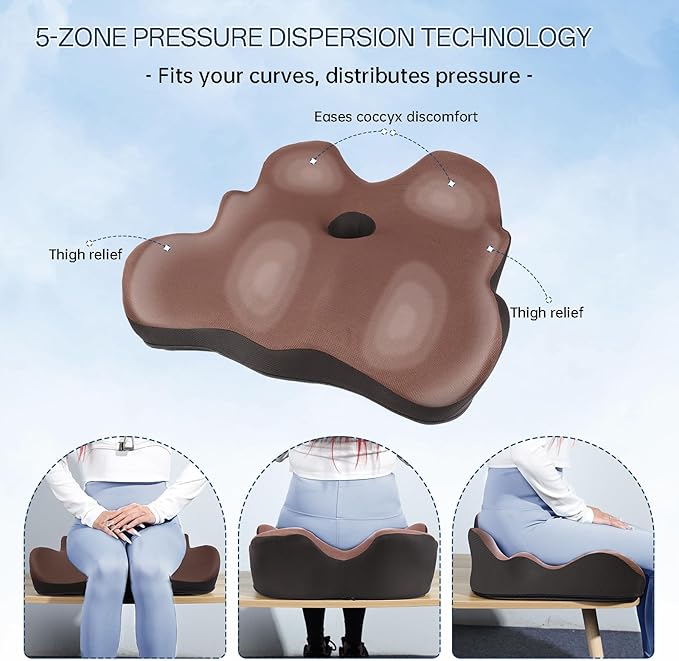 Seat Cushion, X-Large Memory Foam Office Chair Cushion, for Pressure Relief Sciatica & Pain Relief for Long Sitting Hours on Office/Home Chair, Car (Brown)