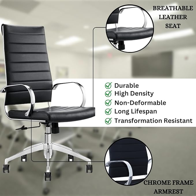 Ribbed High Back Conference Room Chairs - Lumbar Support, Modern Style Executive Chair for Home and Office - 360 Swivel Rolling Wheels - Aluminum Chrome Frame & Base - Black (Pack of 1)