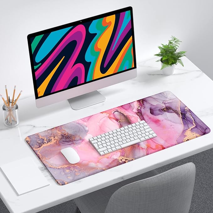 Desk Mat, 32" x 12" XXL Extended Large Gaming Mouse Pad, Desktop Decor Desk Pad, Cute Men Women Office Supplies and Accessories, XL Mouse Mat for Laptop & Keyboard, Red Pink Marble