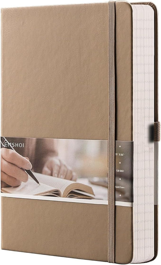 EMSHOI A5 Graph Paper Notebook - 256 Pages PU Leather Hardcover Journal, 120gsm Thick No-Bleed Grid Paper Notebook for Women Men Work School Math Engineering, 5.75" x 8.38" Khaki