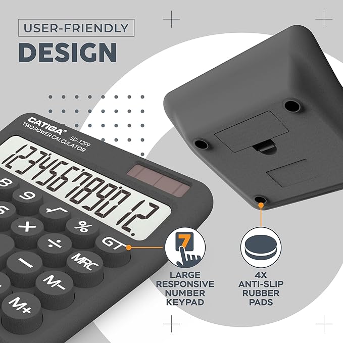 CATIGA Mechanical Switch Calculator with Solar and Battery Dual Power, 12-Digit Large LCD Display, Aesthetic and Cute Desktop Calculator with Big Button, for Home, School and Office Use, SD-1299