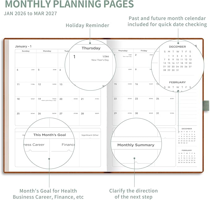 AHGXG 2026 Planner, Weekly and Monthly, Large A4 8.5"x11", Planner 2026-2027, Calendar 15-Months Jan 2026 - Mar 2027, Vegan Leather Softcover, Inner Pocket, Sage Green