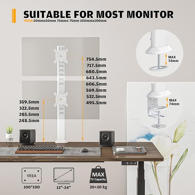 Dual Monitor Articulating Desk Mount Arm Stand - Vertical Stack Screen Supports Two 13 to 34 Inch Computer Monitors with C Clamp White