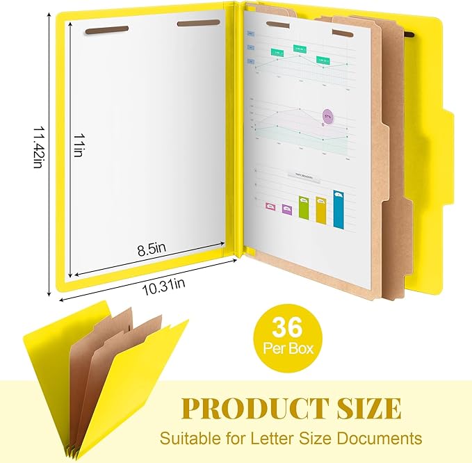 36 Pcs Classification Folders Letter Size, 2 Divider Pressboard File Folders with 3. 5 Inch Expansion, 2 Prongs Fastener, Heavy Duty Office File Organizers for Teachers, Medical (Yellow)