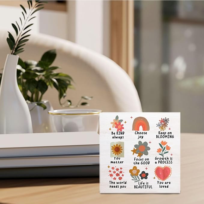 Boho Floral Mental Health Wooden Sign - Therapy Office Must Haves, Inspirational Psychology Wood Signs for Therapy Counselor Office Desk Shelf Tabletop Decor, 5x5 Inches