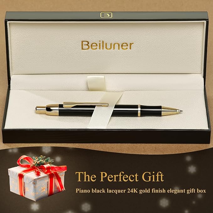BEILUNER Luxury Gel Pen with 24K Gold Electroplating Finish, Black Piano Lacquer, Luxury Grade Craftsmanship, Best Gel Pen Gift Set for Men and Women