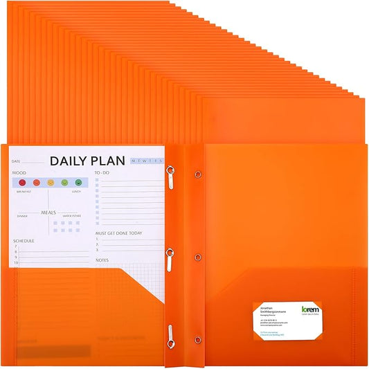 Patelai 48 Pcs Plastic Folders with 2 Pockets and 3 Prongs Home Folders with Card Slot Letter Size Heavy Duty Report Covers for Back to School(Orange,Classic)