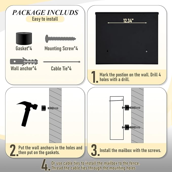 xydled Mailbox Wall Mount Mailboxes for Outside, Large Capacity Steel Hanging Metal Mailbox, Modern Post Box, Black,14.6''x12.2''x4.1''