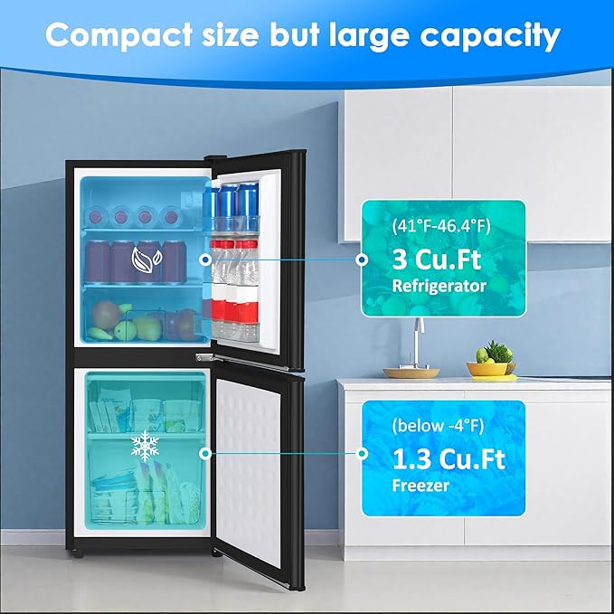 Compact Refrigerator with Freezer 4.3 Cu. Ft. 2-Door Dorm Fridge with Adjustable 7-Level Thermostat, Small Refrigerator with Freezer for Home, RV, College Dorm, Apartment, Office, Black