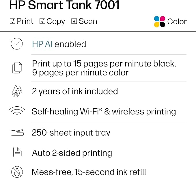 HP Smart Tank 7001 Wireless All-in-One Ink Tank Printer, Scanner, Copier with 2 years of ink included, Best-for-home office, Cartridge-free Refillable, AI-enabled (28B49A)
