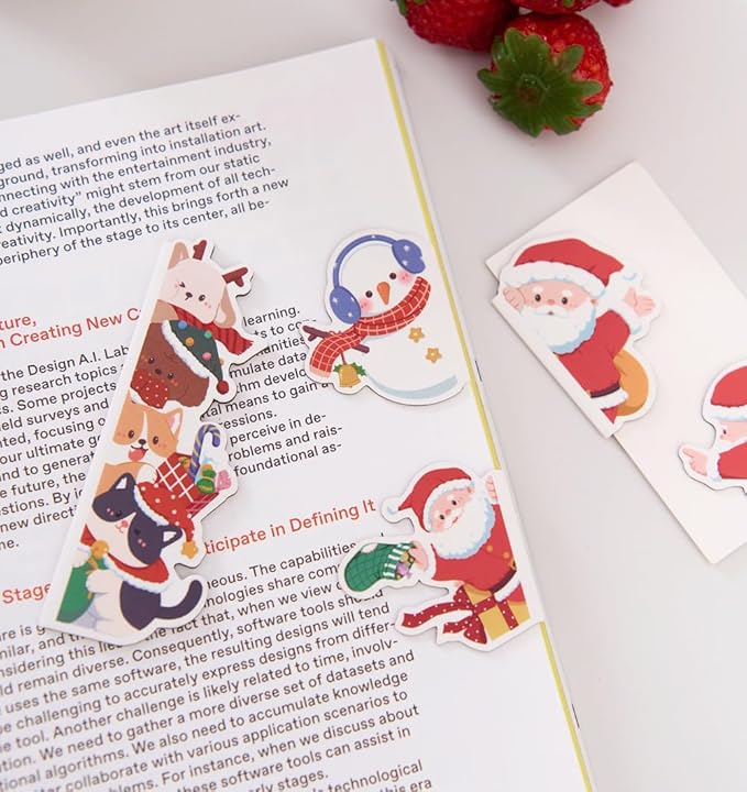 5pcs/Set Cute Magnetic Bookmark, Funny Peeping Santa Claus Kawaii Animals Book Marker Clip for Teachers, Students, Book Lovers Christmas Gifts, Printing on 2 Side (Santa Claus)
