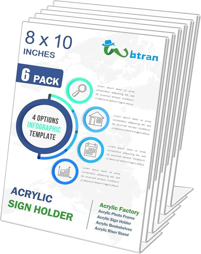 Slanted Back Acrylic Sign Stands 8 x 10, Clear Tabletop Display, Plastic Paper Sign Holder for Office, Home, Restaurant (6 Pack)