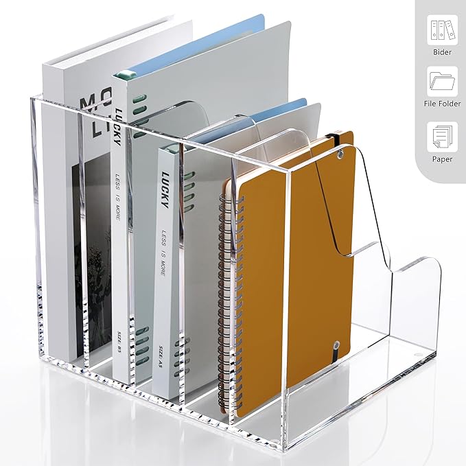 SANRUI Acrylic Desk Organizers, Clear Magazine File Holder, 5 Vertical Compartments A4 Folder Binder Holders Sorter, Office Desktop Workspace Organization Storage Rack for Office Home School