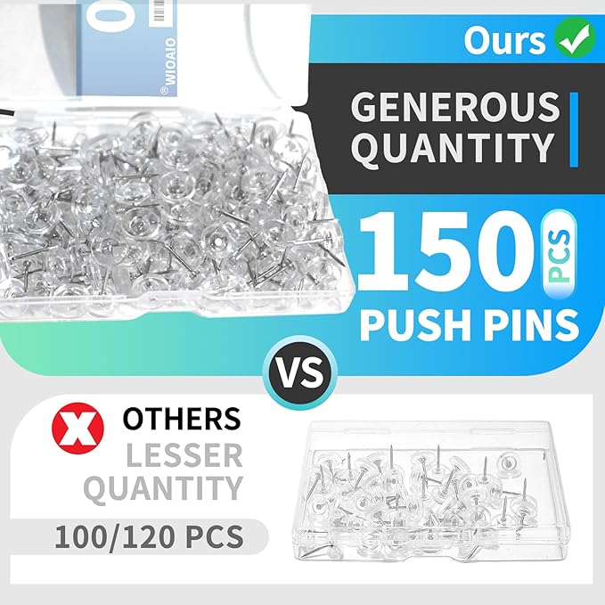 150 PCS Clear Push Pins Tacks Count in Reusable Box for Bulletin Boards and Wall Displays Heavy Duty Plastic Head