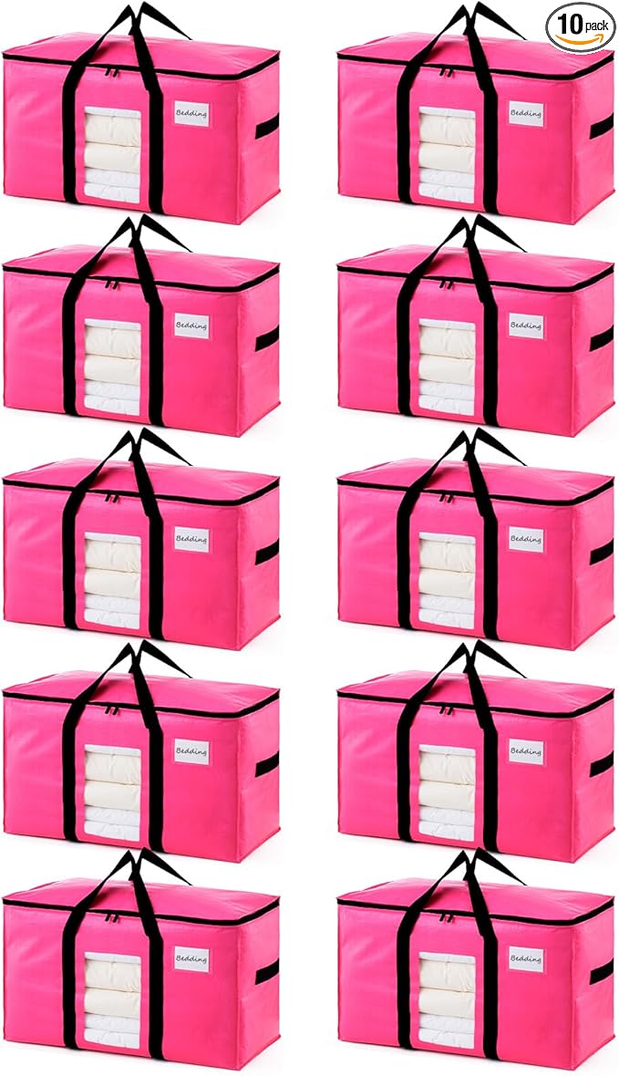 TAILI 10 Pack Pink Extra Large Moving Bags, Heavy Duty Totes with Visible Window, Wrap Around Handles, Ideal for Storage, Space-Saving