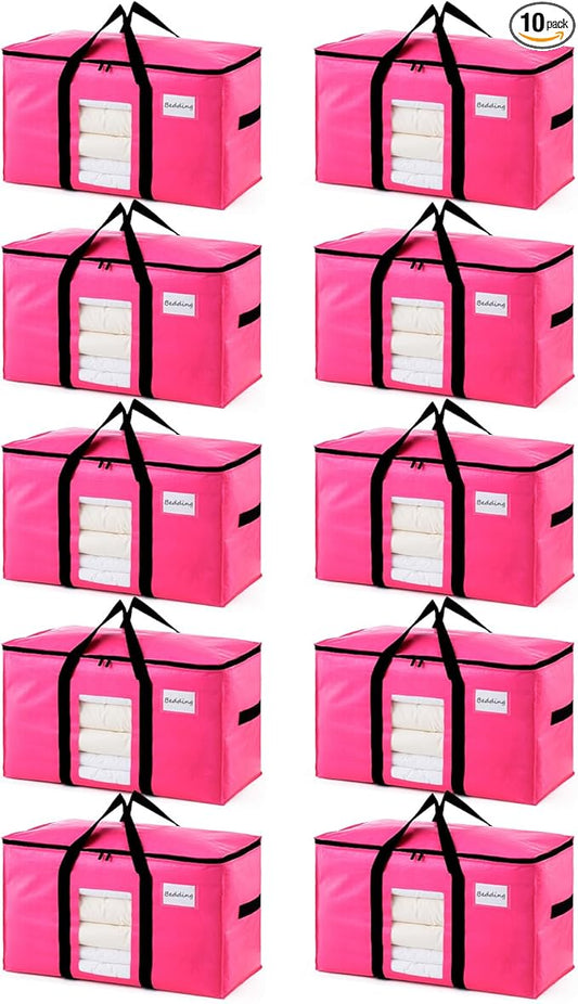 TAILI 10 Pack Pink Extra Large Moving Bags, Heavy Duty Totes with Visible Window, Wrap Around Handles, Ideal for Storage, Space-Saving
