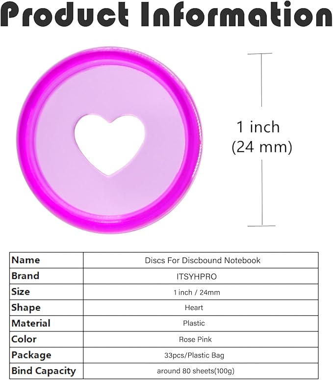 33pcs Discbound Discs 0.94 inch Binder Rings Heart Expansion Disc(33pcs Clear Purple,0.94 inch/24 mm)