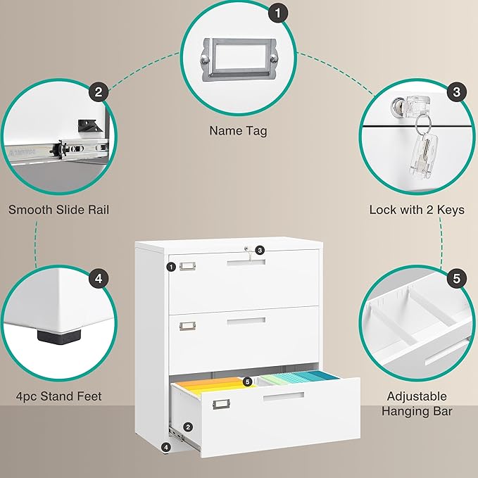 SISESOL 3 Drawer Lateral File Cabinet with Lock,White Lateral Filing Cabinet,Horizontal Metal Filing Cabinets,Locked Wide Three Drawer File Cabinets for Office Home,Fit A4/F4/Letter/Legal File