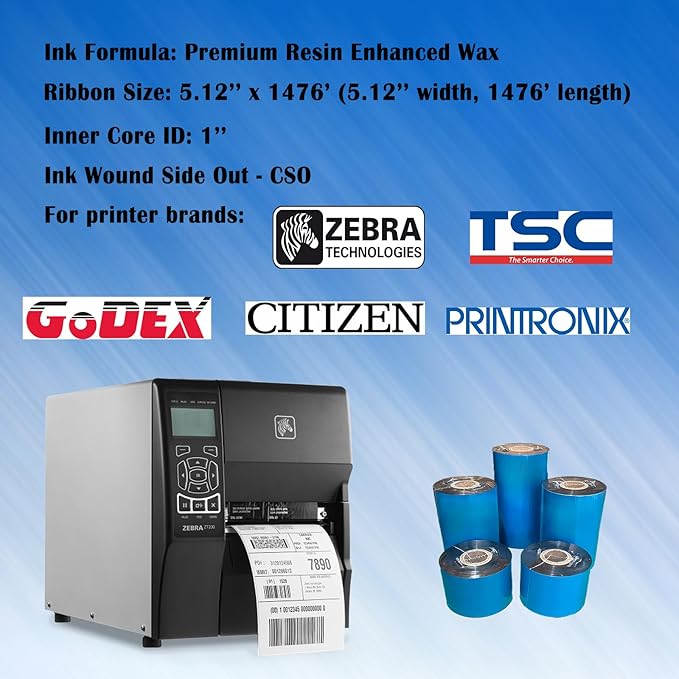 5.12'' x 1476' Premium Resin Enhanced Wax Ribbon, 130mm x 450m Black Thermal Transfer Ribbon, Barcode Thermal Label Printer Ribbon, CSO-Ink Outside, 1'' Core for Zebra, TSC, GoDex, Citizen (1 Roll)