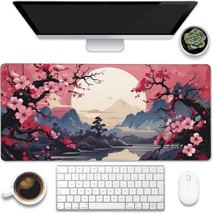 Desk Pad,Pink Cherry Blossom Tree Desk Mat,Mountains and Sun Large Gaming Mouse Pad for Desk,Extended Big Computer Keyboard Mouse Pad with Non-Slip Base and Stitched Edge,35.4"x15.7"