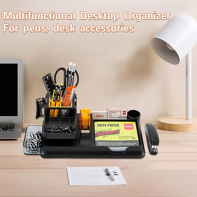 deli Black Office Supplies for Desk, 17Pcs Desk Organizers and Accessories with 4 Pens,Tape Dispenser,Stapler,Staples,Staple Remover,Pen Holder,Scissor,Ruler,Eraser,Note Pad,Cutter,Clips Set