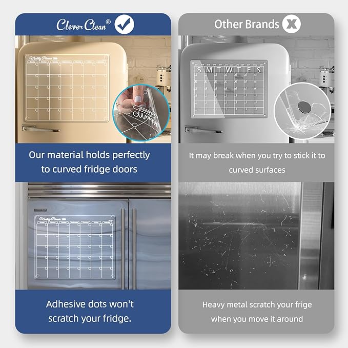 Clear Non-Magnetic Monthly Calendar for Fridge - Dry Erase Transparent Monthly Calendar - Sticks to Wall, Glass, Door, Any Smooth Surfaces