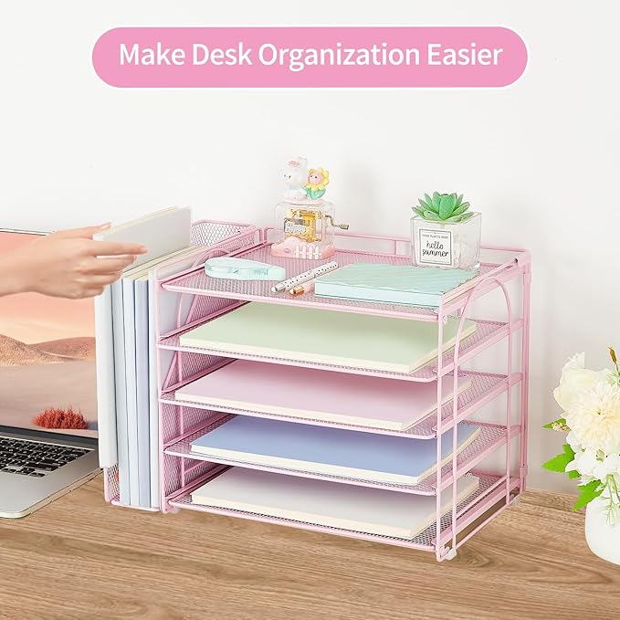 AUPSEN Pink Desk Organizers and Accessories,5-Tier Desktop Paper File Organizer with Adjustable File Holder, Office Desk Accessories for Office Supplies