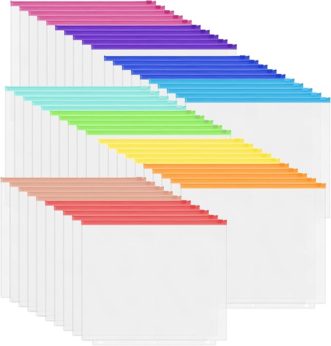Antner 50PCS Letter Size Binder Pockets for 3 Ring Binder, 10 Assorted Colors Zipper Pouches Waterproof PVC Document Organizer File Folders 3-Hole Loose Leaf Insert Bags Page Sleeves Sheet Protectors