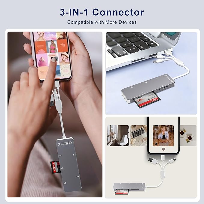 Aluminum 5-in-1 Memory Stick Pro Duo Adapter for iPhone/PC/Android, Lightning USB C USB A Multi Card Reader for SD/TF/CF/MS/XD Cards, High-Speed Data Transfer for Camera/GoPro/Drone