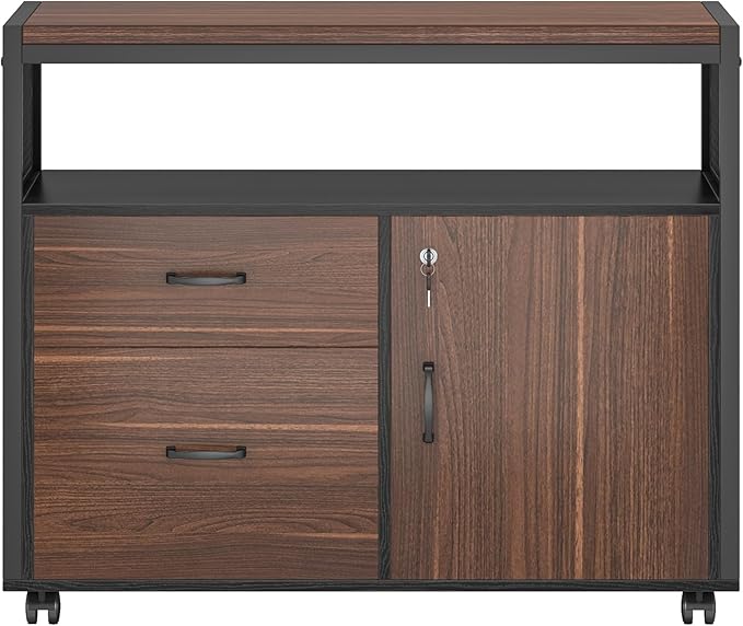 Tribesigns Modern File Cabinet with Drawers for Letter-Sized File and Door, Lockable lateral Filing Cabinet Printer Stand with Storage Shelves and with Rolling Caster for Home Office (Dark Walnut)