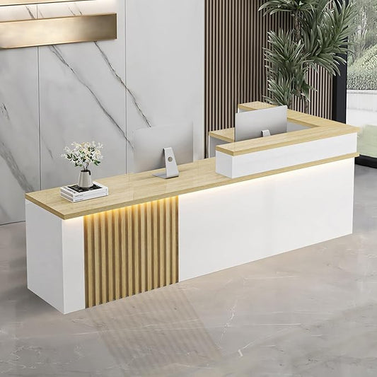 L-Shaped Receptionist Desk，Office Front Desk Reception Counter with Hidden Lighting & Storage Drawer Commercial Checkout Counter Sturdy for Salon Clinic Clothing Store