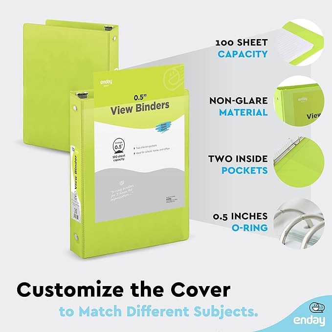½ Inch 3 Ring Binder Green, .5 Inch Round Ring Clear View Cover with 2 Inside Pockets Binders, Colored School Supplies Binders, Also Available in Pink, Red, Purple, Blue, and Grey (6 PC) – by Enday