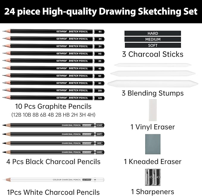 Drawing Sketching Pencil Set, 24 Piece Pro Artist Sketch Kit - Graphite Pencils (12B-4H),Charcoal Pencils for Drawing,Black and White Charcoal Pencils,Charcoal Sticks,Stumps,Eraser,Sharpeners