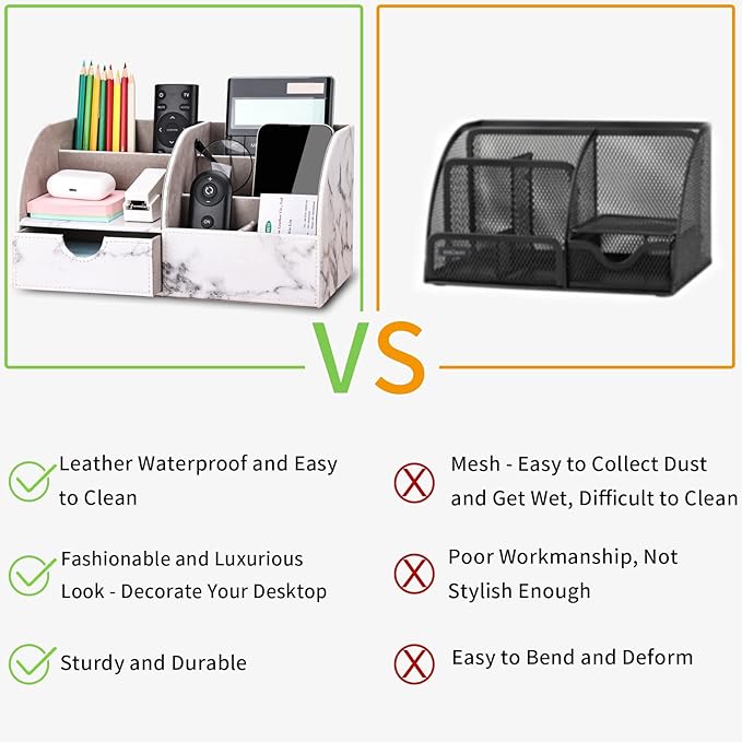 KINGFOM Pu Leather Desk Organizer Pen Pencil Holder Office Supplies Caddy Storage Box 6 Compartments with Drawer Gray Marble