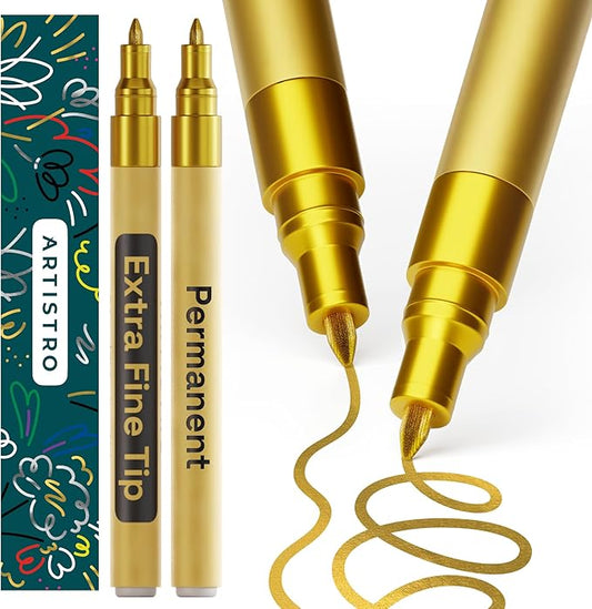ARTISTRO 2 Gold Permanent Marker - Waterproof Markers for Tire, Fabric, Rocks, Glass, Ceramic, Wood, Paper - Oil Based Paint Pens - Extra-Fine Tip 0.7mm