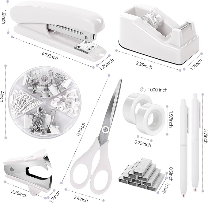 SKYDUE White Office Supplies Set, Desk Accessories, Stapler, Tape Dispenser, Scissors, Binder/Paper Clips and 1000pcs Staples, Office Decor for Women