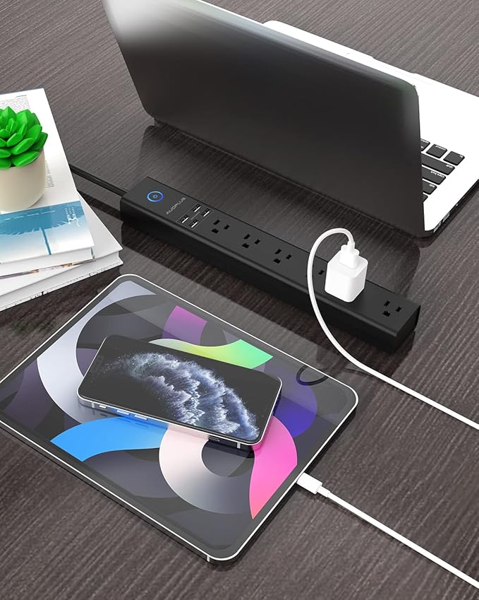 Surge Protector Power Strip with USB, AUOPLUS 10FT Outlet Strip, 6 Outlet and 4 USB Charger,[Flat Plug/Wall Mountable], 1250W/10A/2100J, Long Extension Cord for Computer iPhone Home Office Dorm
