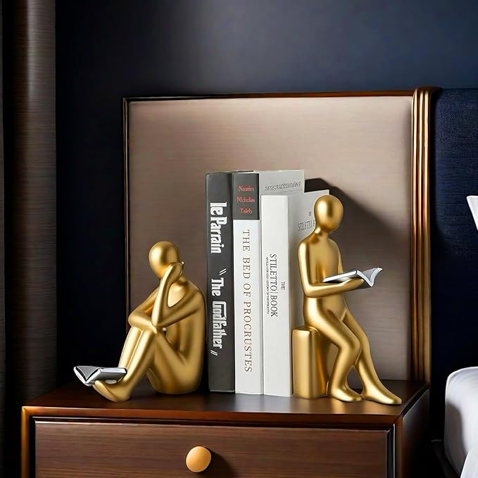 Home Decorative Reading Book Statue Bookends Elegant Resin Bookshelf Room Office Desk Decor,Paper Weights, Book Ends,Bookend Supports, Book Stoppers, Set of 2 (Gold and Silver)