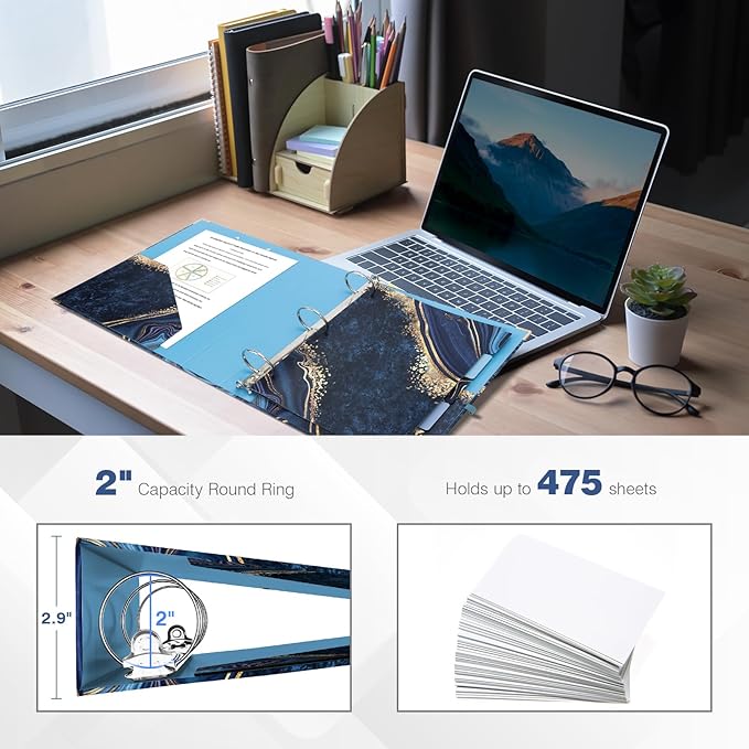 Ospelelf 3 Ring Binder, 2 Inch Letter Size (11" x 8.5") with 5 Tab Dividers, File Folder Labels and Low Profile Clipboards, Blue Marble Binder for School and Office Supplies