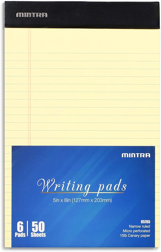 Mintra Office Legal Pads, ((xBasic, 5in x 8in, Narrow (Canary), 36pk (6-6pks))
