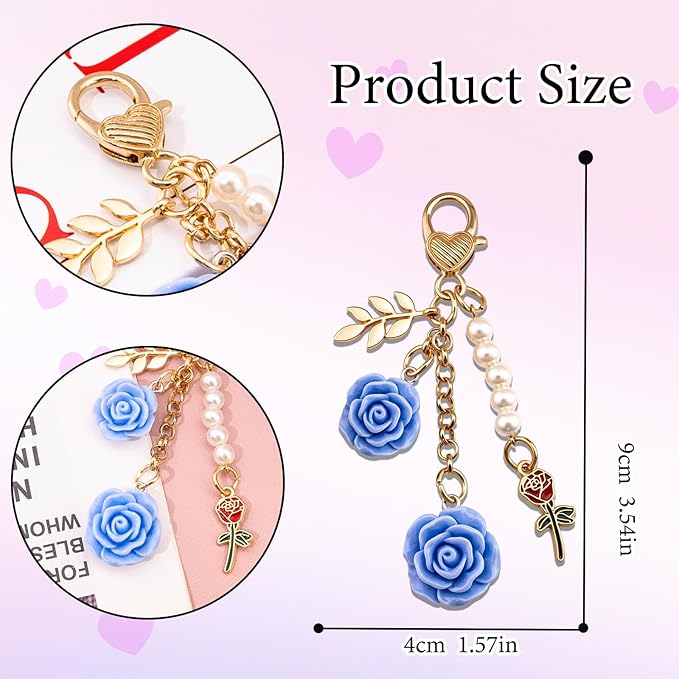 Rose Purse Charms Cute Flower Keychain With Heart Sticker Charm Chain For Kindle Colorful Bag Charms For Handbags