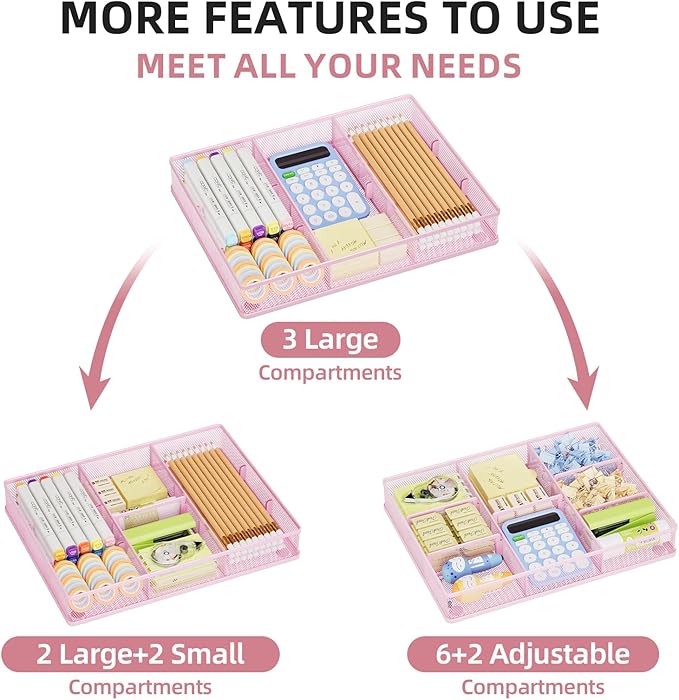 Marbrasse 2P Pink Desk Drawer Organizer, Metal Mesh Drawer Organizer Tray with 5 Adjustable Compartments,Desk Organizers and Accessories for Home,Office,Kitchen,Makeup,Vanity (Pink)