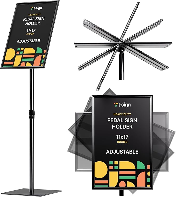 T-SIGN Adjustable Heavy Duty Pedestal Sign Holder Poster Stand, 11x17 Inch Vertical & Horizontal Sign Stand Displayed Poster Holder - Metal Base Square Sign Stands for Display, Outdoor Sign