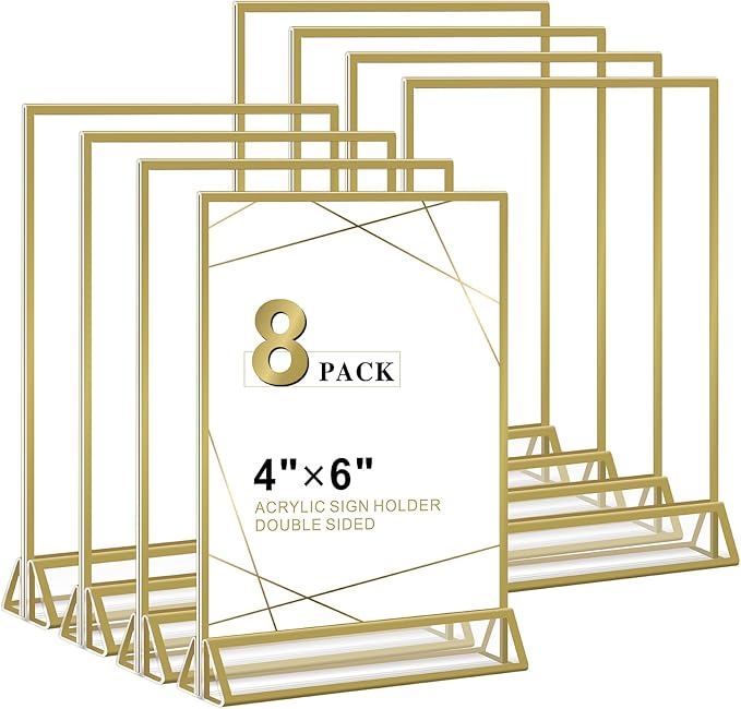 Acrylic Sign Holder 4x6 - 8 Pack Gold Picture Frame Double-Sided Table Sign Holder Vertical Display Stand Plastic Paper Holder -Vendor Booth Display Items Suitable for Wedding Office Store Party